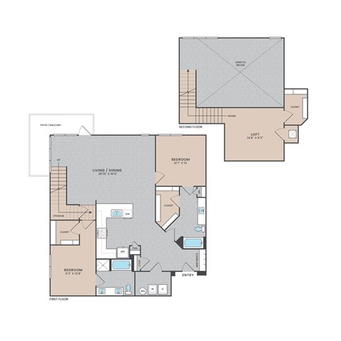 Floor plan for 2 beds, 2 baths, 1750 sqft